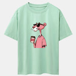 Pink Panther Drinking Coffee Print Drop Shoulder Oversize T-Shirt