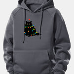 Christmas Lights Black Cat Print Drawstring Hoodie
