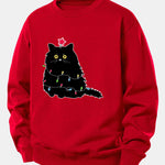 Christmas Lights Black Cat Print Relax Fit Sweatshirt