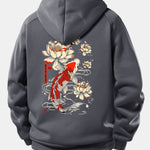 Koi Fish Lotus Print Drawstring Hoodie