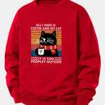 Black Cat Drinking Coffee Print Relax Fit Sweatshirt
