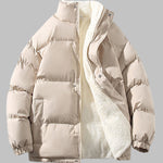 Men's solid color fleece-lined stand collar warm puffer jacket