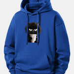 Black Cat Drinking Coffee Print Relax Fit Hoodie