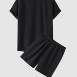 Men's solid color cotton-linen casual vacation short-sleeved shirt and shorts set
