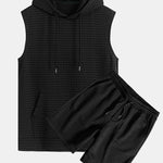 Waffle Sleeveless Hooded T-Shirt With Kangaroo Pocket & Shorts