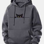 Black Cat Print Drawstring Hoodie