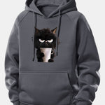 Black Cat Drinking Coffee Print Drawstring Hoodie