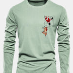 Long Sleeve Pocket Santa Print Cotton T-Shirt