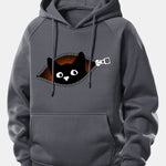 Zipper Black Cat Print Drawstring Hoodie