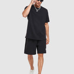 Geometric jacquard round neck T-shirt + shorts 2-piece set