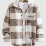 Men's Classic Plaid  Fluffy Faux Fur Single Pocket Button Lapel Jacket