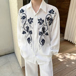 Embroidery Cotton and Linen Shirt Outline Casual Pants Two-piece Set