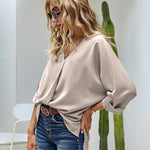 Zeagoo V-Neck Long Sleeve Buckle T-Shirt Plain Shirts Shirt Top Elegant Shirts Casual Slim Fit Basic