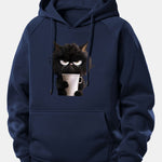 Black Cat Drinking Coffee Print Drawstring Hoodie