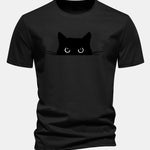 Regular Fit Black Cat Print Cotton T-Shirt