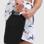 Men's Bamboo Leaf Print Double-Layer Sport Swim Trunks with Pockets
