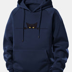 Black Cat Print Drawstring Hoodie