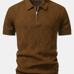 Rhombus Textured Zip Up Knitted Polo Shirt & Slim Fit Tapered Trousers
