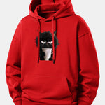 Black Cat Drinking Coffee Print Relax Fit Hoodie