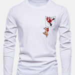 Long Sleeve Pocket Santa Print Cotton T-Shirt