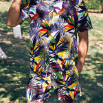Men's Hawaiian print short-sleeved casual button-front resort shirt + casual shorts two-piece set