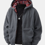 Contrast Plaid Teddy Zip-Up Hoodie