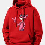 Pink Panther With A V Sign Print Relax Fit Hoodie