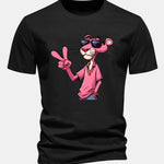 Regular Fit Pink Panther With V Sign Print Cotton T-Shirt