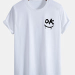 Regular Fit OK Smiley Face Print Cotton T-Shirt