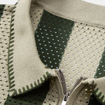 Striped Eyelet Knit Zip Up Polo Shirt