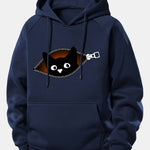 Zipper Black Cat Print Drawstring Hoodie