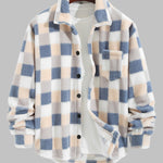 Men's Classic Plaid  Fluffy Faux Fur Single Pocket Button Lapel Jacket
