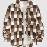Men's Classic Plaid  Fluffy Faux Fur Single Pocket Button Lapel Jacket