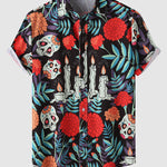 Men's Colorful Skull Flower Print Casual Short Sleeve Shirt