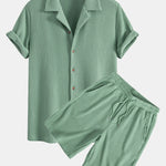Waffle Button Up Shirt & Drawstring Knitted Waffle Shorts