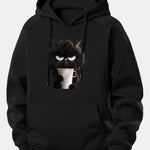 Black Cat Drinking Coffee Print Drawstring Hoodie