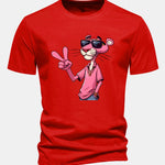 Regular Fit Pink Panther With V Sign Print Cotton T-Shirt