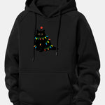 Christmas Lights Black Cat Print Drawstring Hoodie