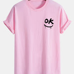 Regular Fit OK Smiley Face Print Cotton T-Shirt