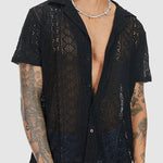 Men's Lace Hollow Loose Fit Cuban Collar Short Sleeve Shirt