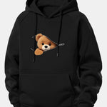 Zipper Bear Print Drawstring Hoodie