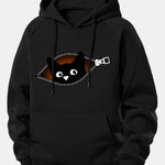 Zipper Black Cat Print Drawstring Hoodie