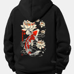 Koi Fish Lotus Print Drawstring Hoodie