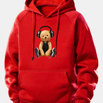 Headphone Bear Print Drawstring Hoodie