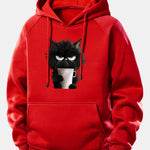 Black Cat Drinking Coffee Print Drawstring Hoodie
