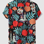 Men's Colorful Skull Flower Print Casual Short Sleeve Shirt