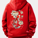 Koi Fish Lotus Print Drawstring Hoodie
