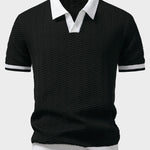 Texture Contrast Knitted V Neck Polo Shirt
