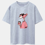 Pink Panther Drinking Coffee Print Drop Shoulder Oversize T-Shirt