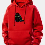 Christmas Lights Black Cat Print Drawstring Hoodie